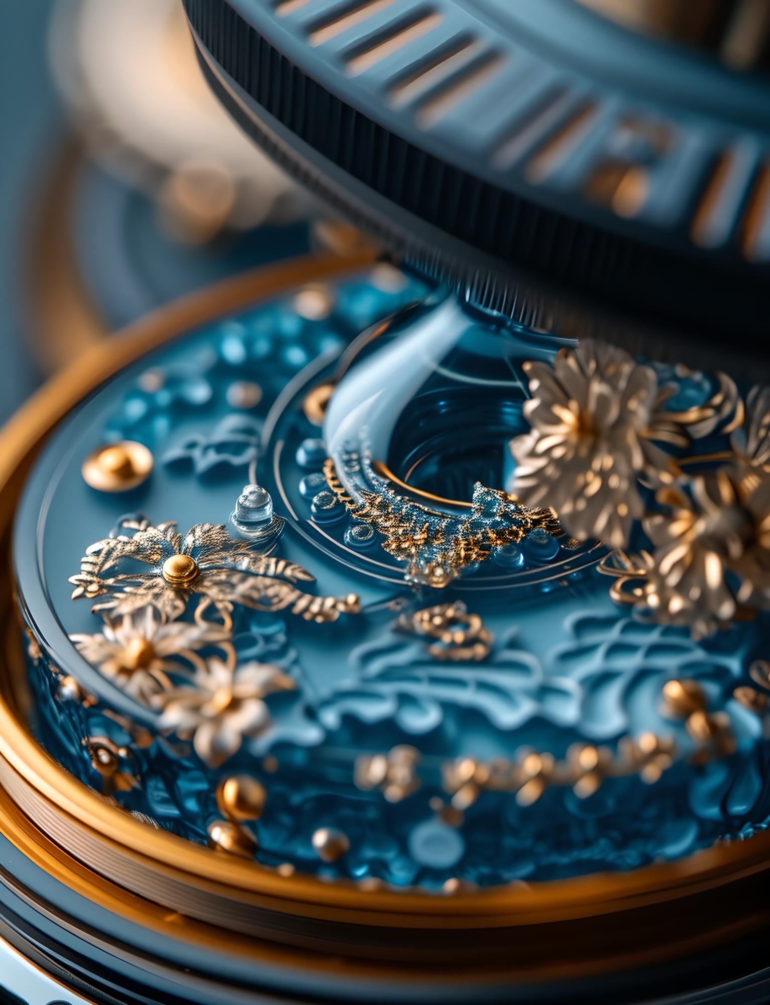 Relógio dourado e azul em plano detalhado sobre fundo neutro